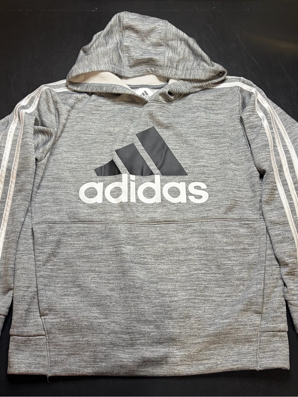 Adidas Heather Gray Hoodie with White Stripes and Black Logo